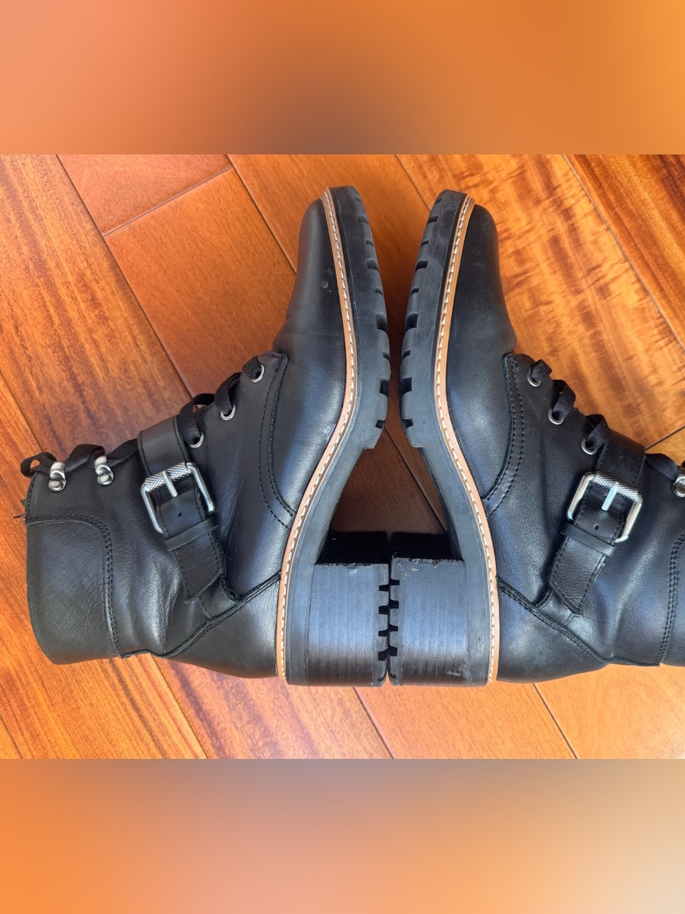 Naturalizer Black Lace-Up Lug Heel Ankle Boots with Tan Trim